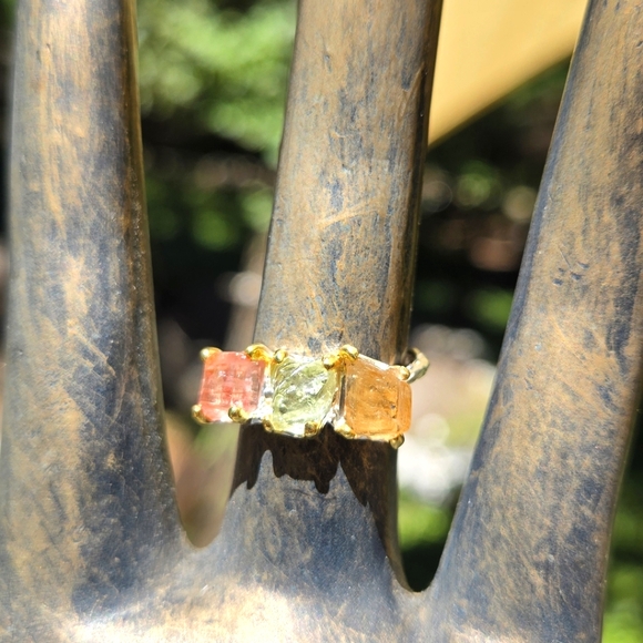 Natural Edge Kharma Collection by Avelon Jewelry - Tourmaline Tri-colored Natural Gemstone Sterling Ring Sz8